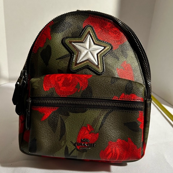 Smaller Coach Backpack in Army Green with Red Flowers - Picture 1 of 11